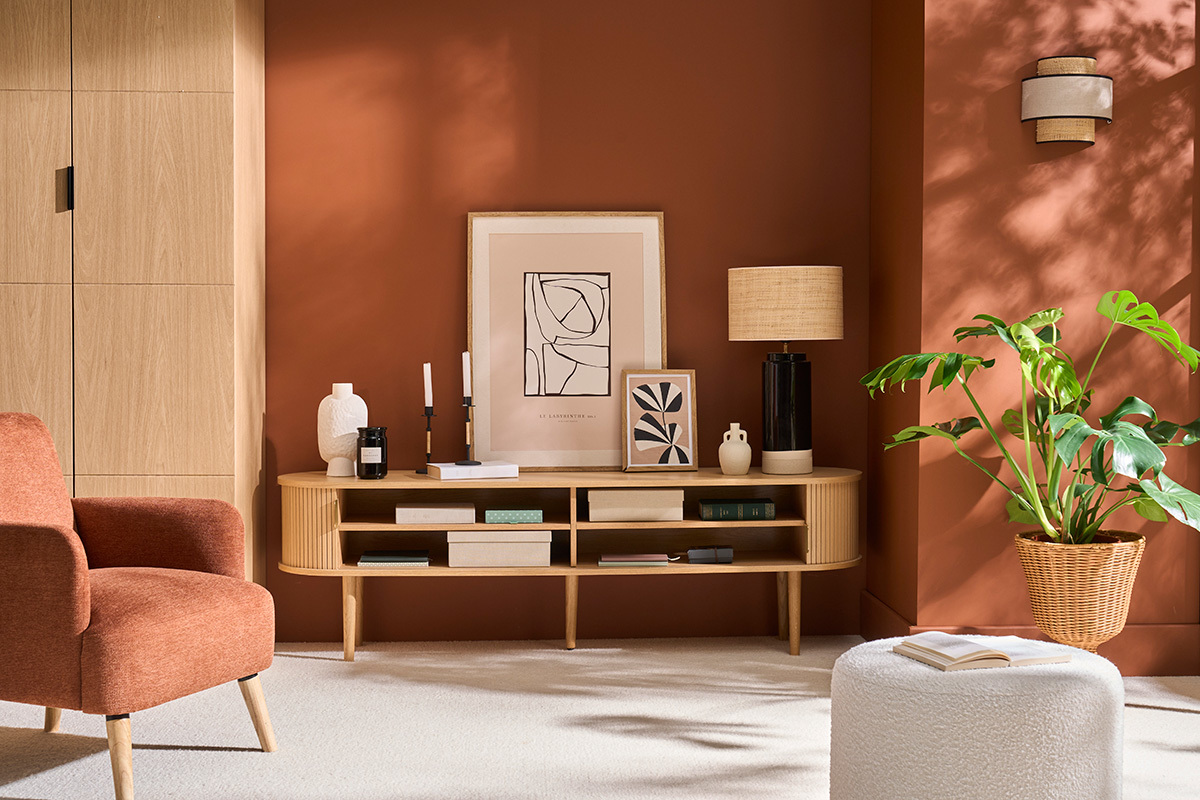 Mueble TV de roble claro con almacenaje y 2 puertas correderas 180 cm EPIC