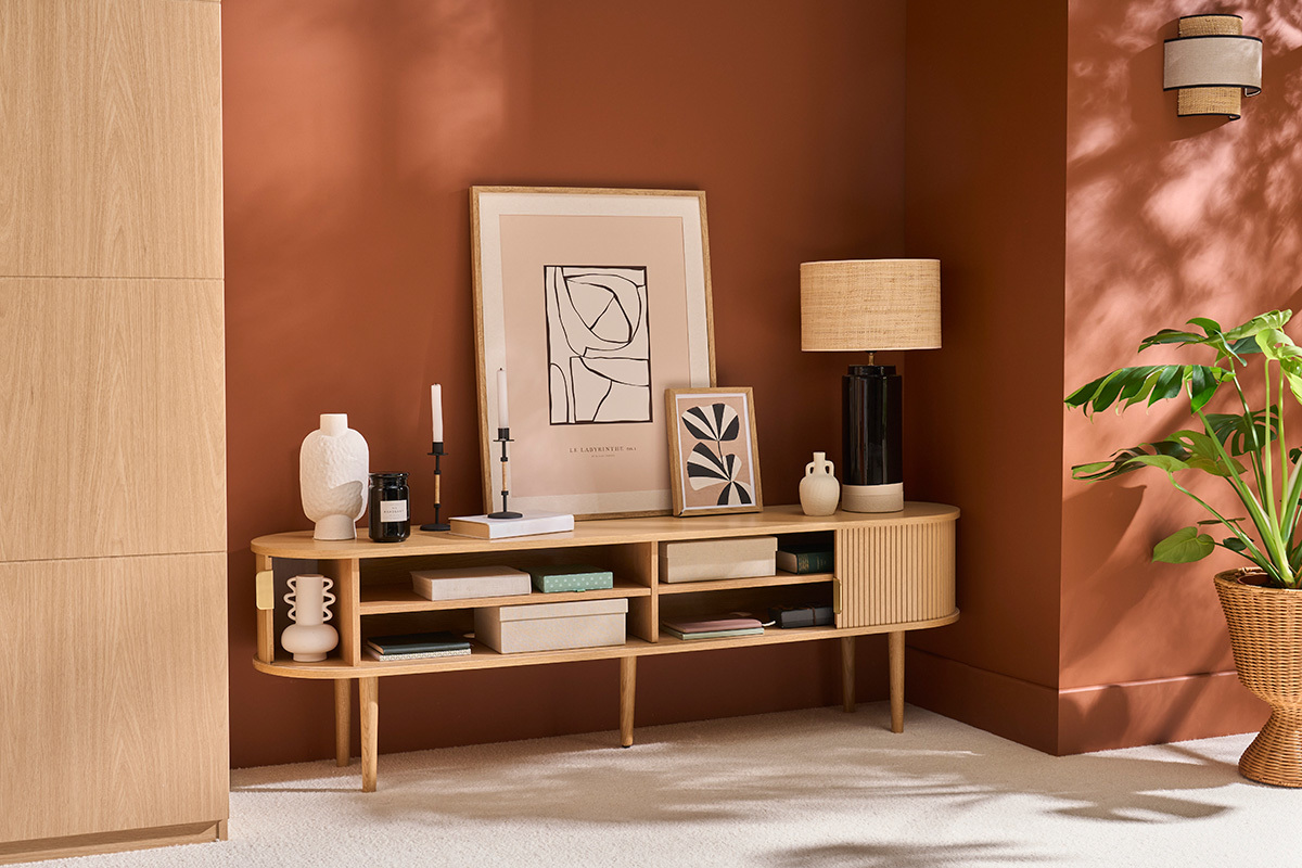 Mueble TV de roble claro con almacenaje y 2 puertas correderas 180 cm EPIC