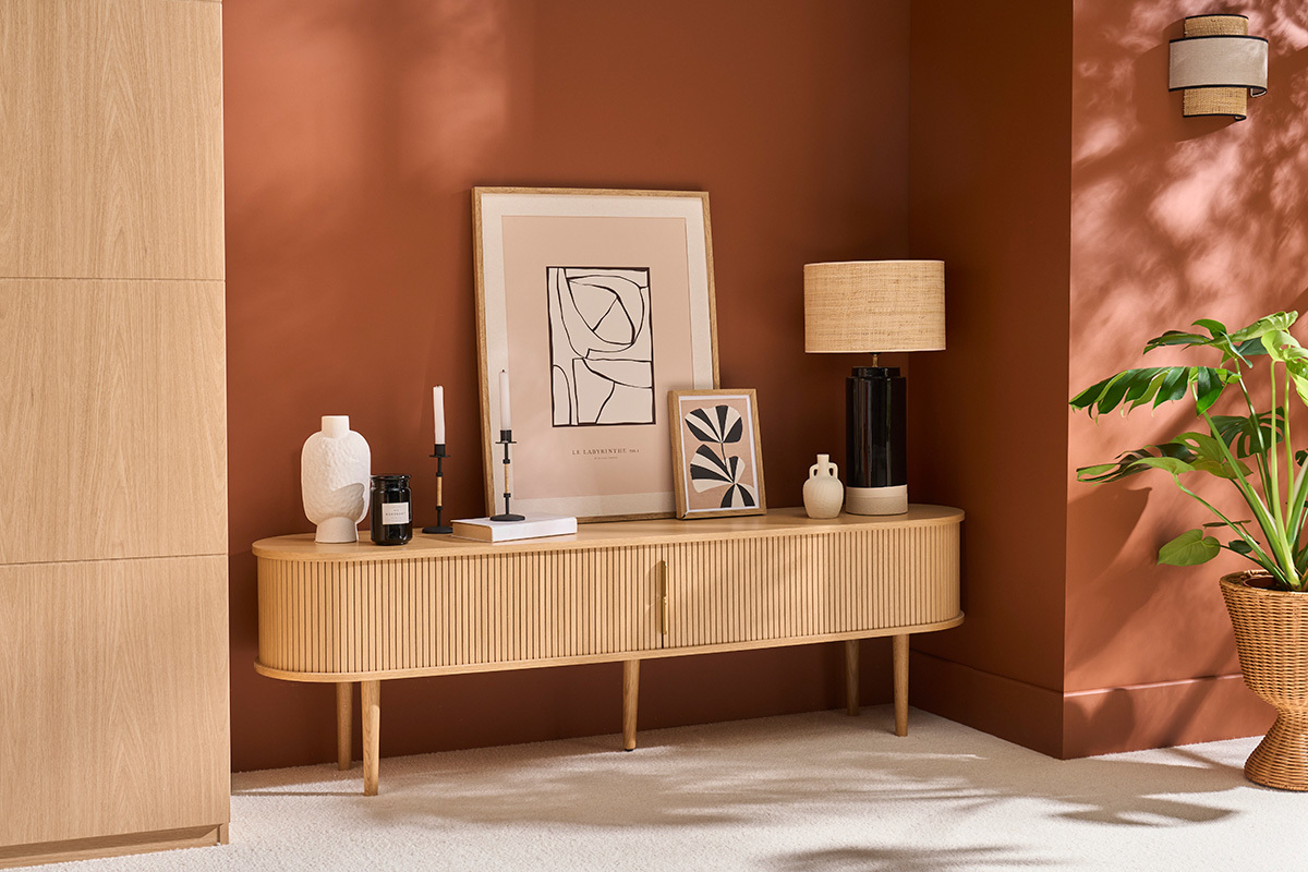 Mueble TV de roble claro con almacenaje y 2 puertas correderas 180 cm EPIC