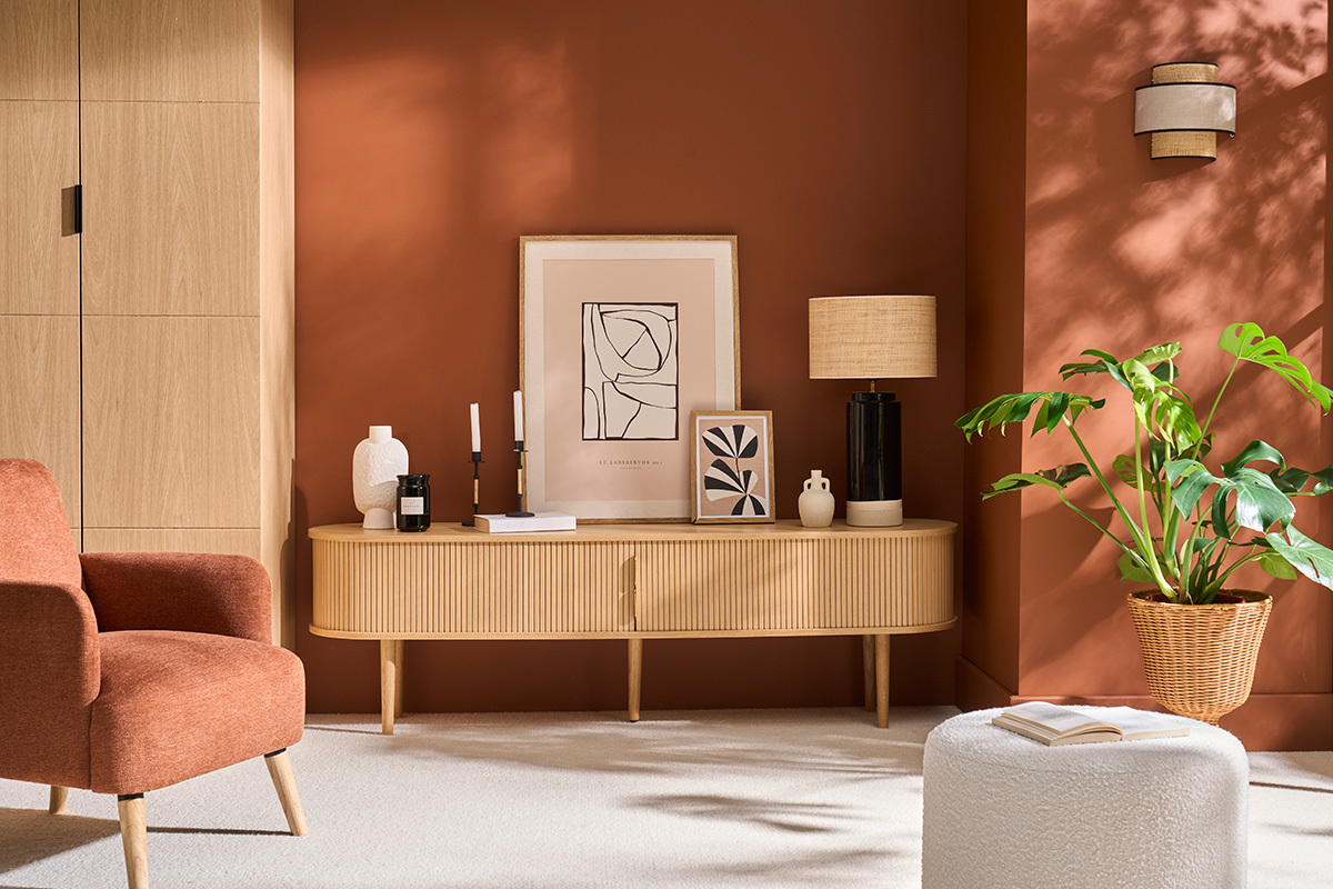 Mueble TV de roble claro con almacenaje y 2 puertas correderas 180 cm EPIC