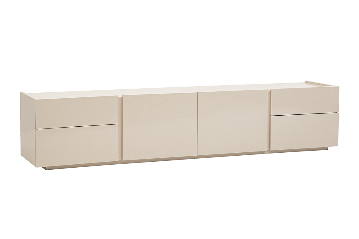 Mueble para TV beige brillante con cajones y puertas, vista lateral.