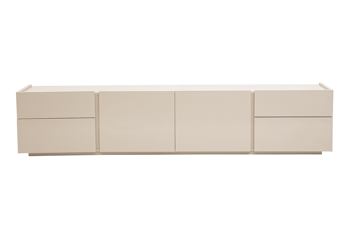 Mueble de TV beige brillante con almacenamiento, vista frontal.