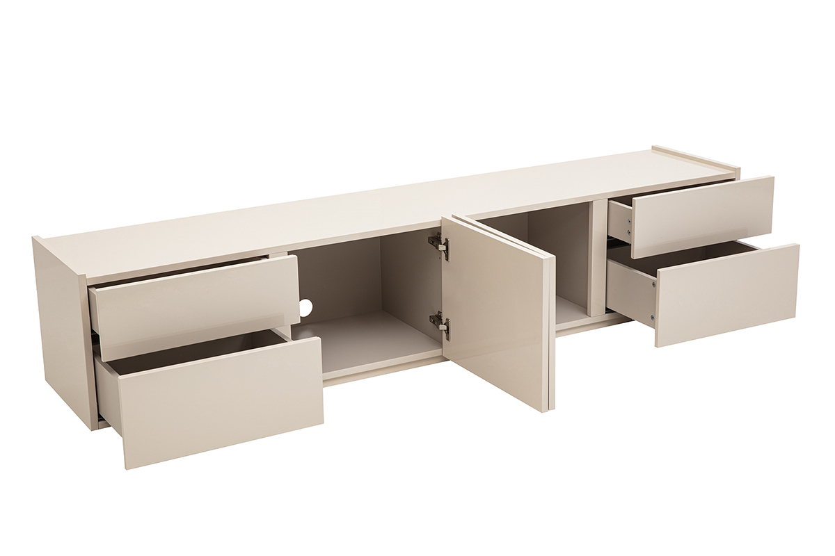 Mueble de TV beige brillante con cajones y puertas abiertas, vista lateral.