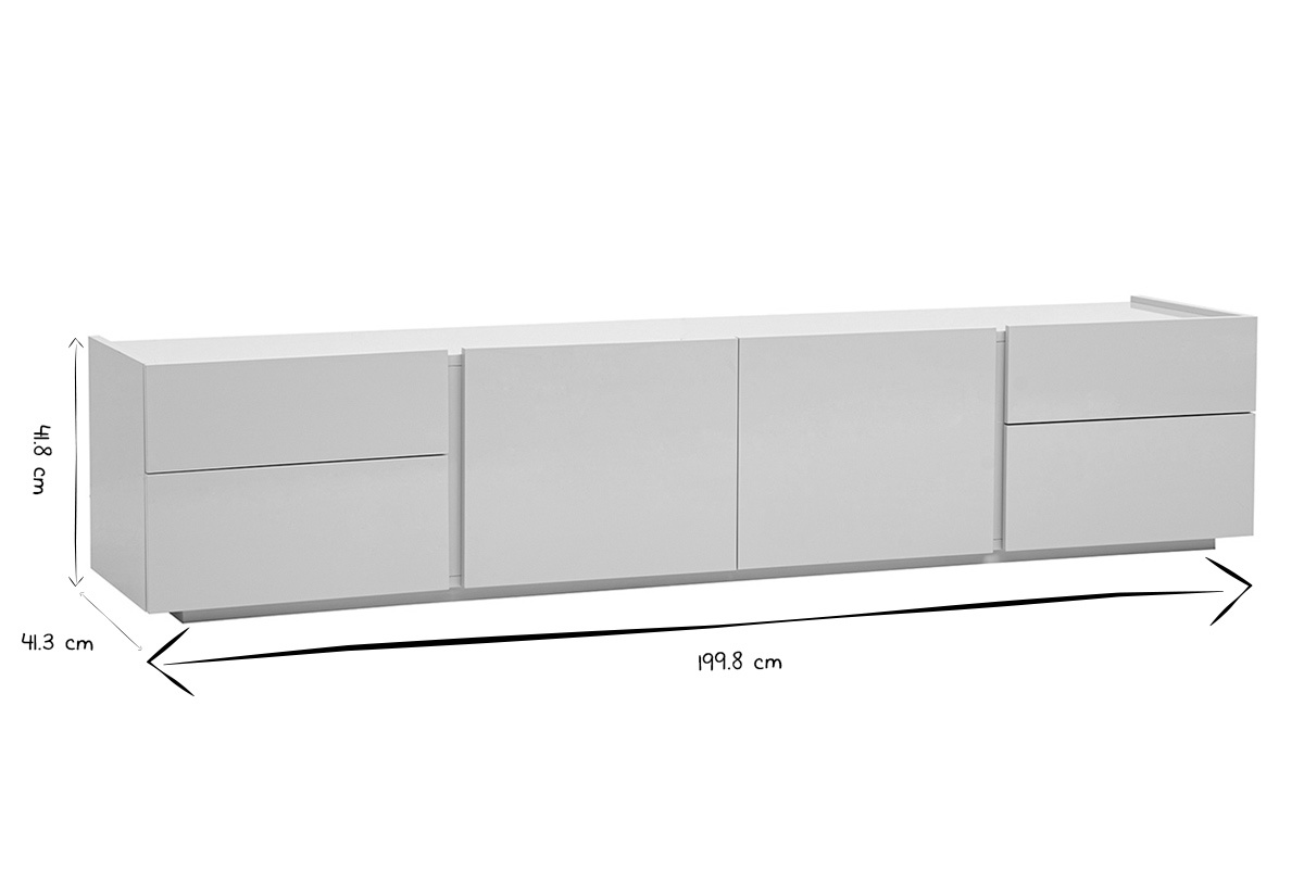 Dimensiones del mueble de TV en negro y blanco: 199,8 cm de anchura, 41,8 cm de altura.