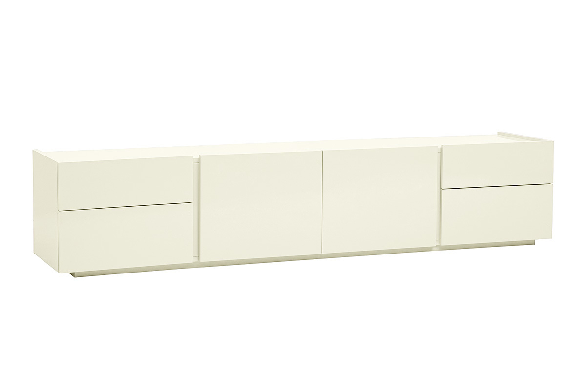 Mueble para TV beige brillante laqueado con almacenamiento, vista de 3/4.
