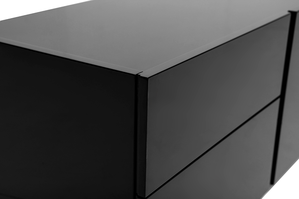 Vista ampliada del mueble para TV ISAURE en negro brillante, mostrando el acabado y los cajones.