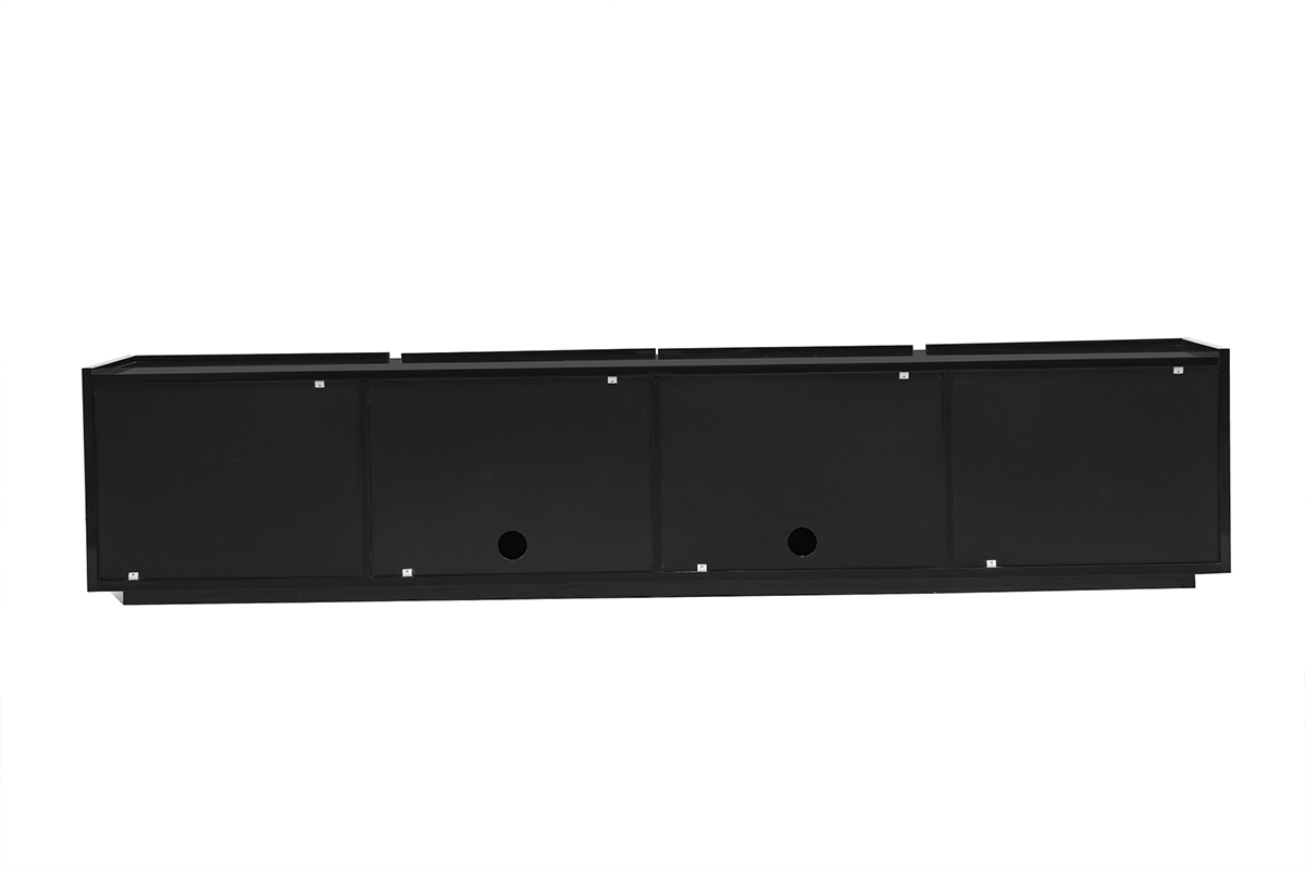 Mueble para TV negro brillante con almacenamiento, vista trasera.