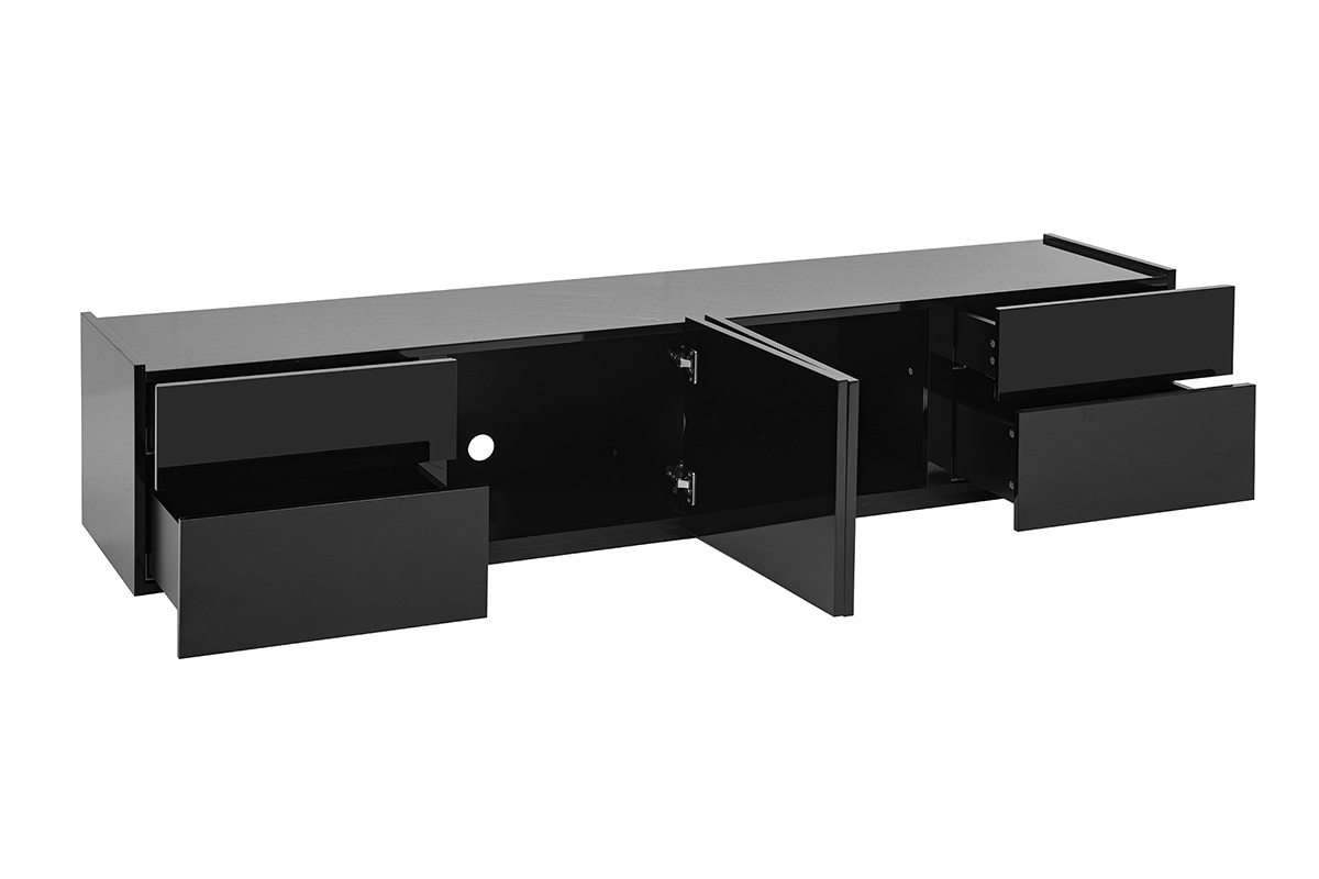 Mueble para TV negro brillante con cajones y puertas abiertas, vista de 3/4.