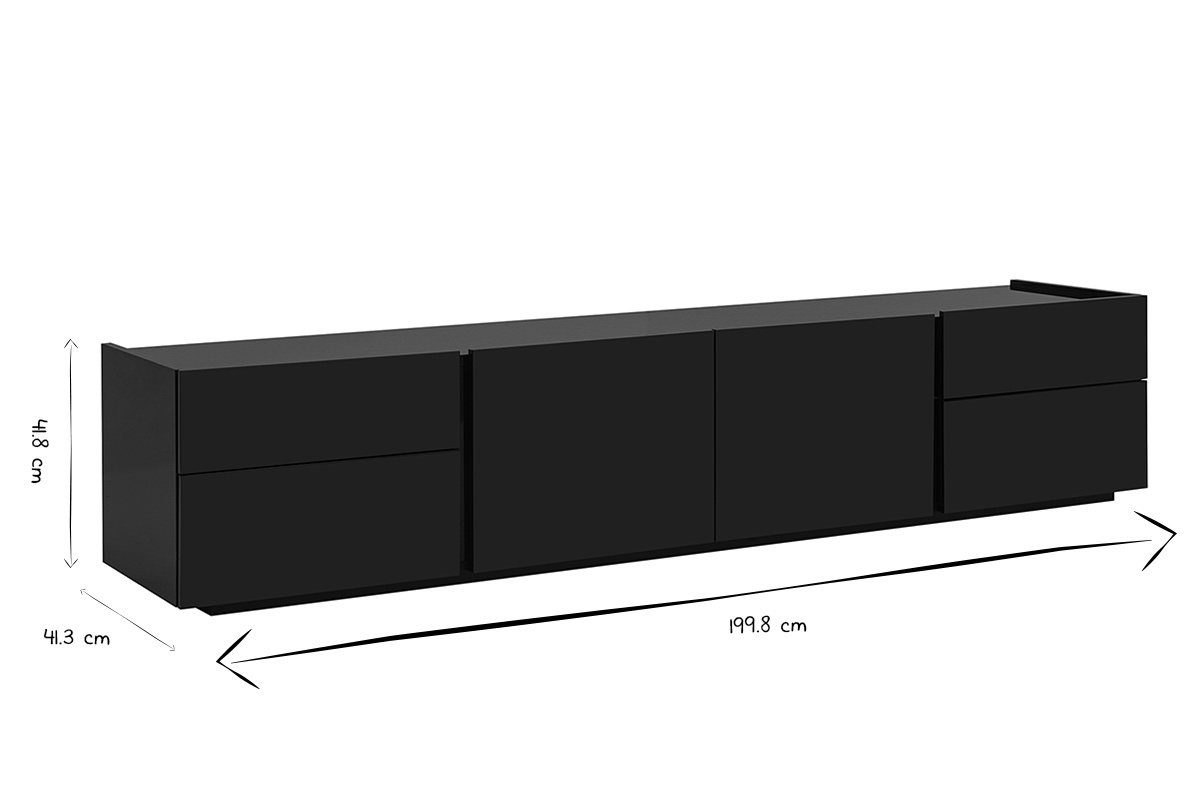 Dimensiones del mueble para TV en negro brillante, longitud 199.8 cm, ancho 41.3 cm, altura 41.8 cm, en negro y blanco.