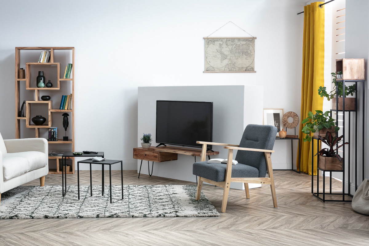 Mueble TV en madera de acacia y metal negro PINA