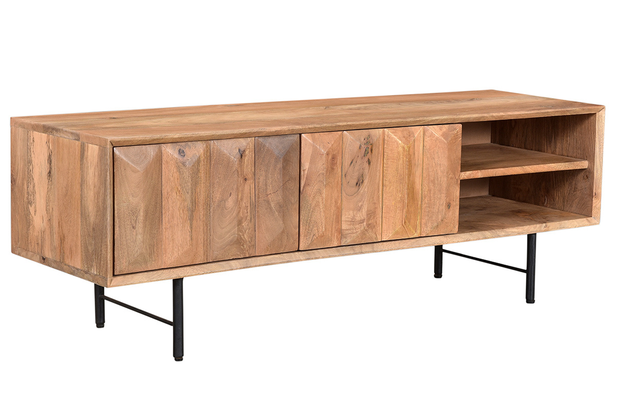 Mueble TV en mango macizo con puertas en relieve L120 cm AGRA