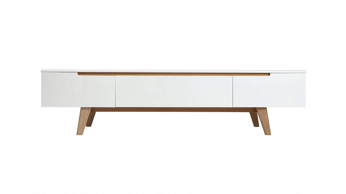 Mueble TV escandinavo blanco brillante y fresno 180cm MELKA