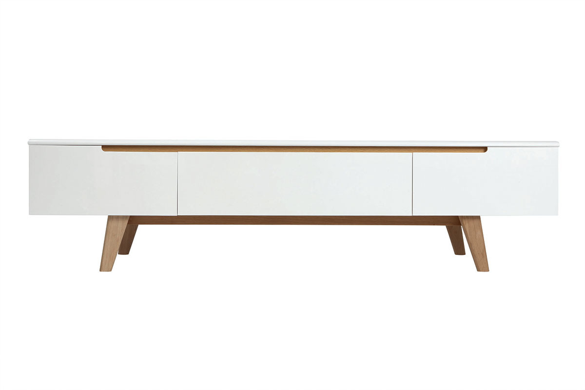 Mueble TV escandinavo blanco brillante y fresno 180cm MELKA