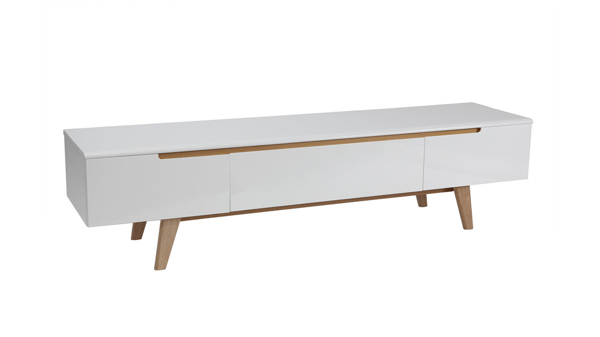 Mueble TV escandinavo blanco brillante y fresno 180cm MELKA