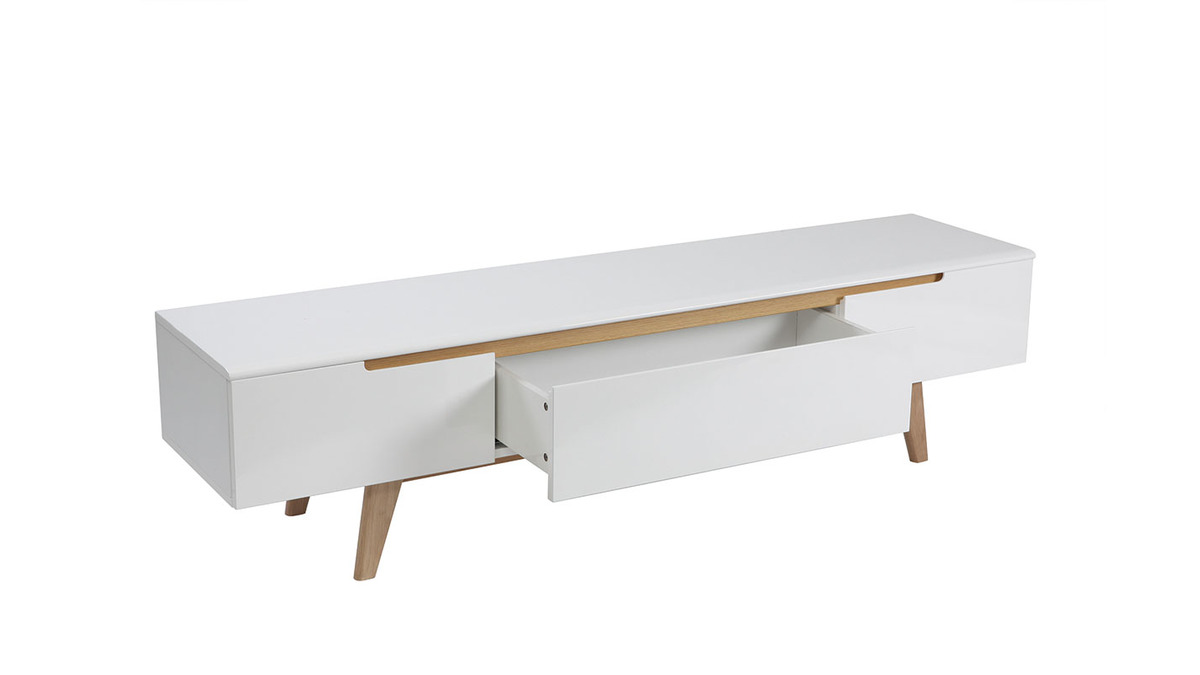 Mueble TV escandinavo blanco brillante y fresno 180cm MELKA