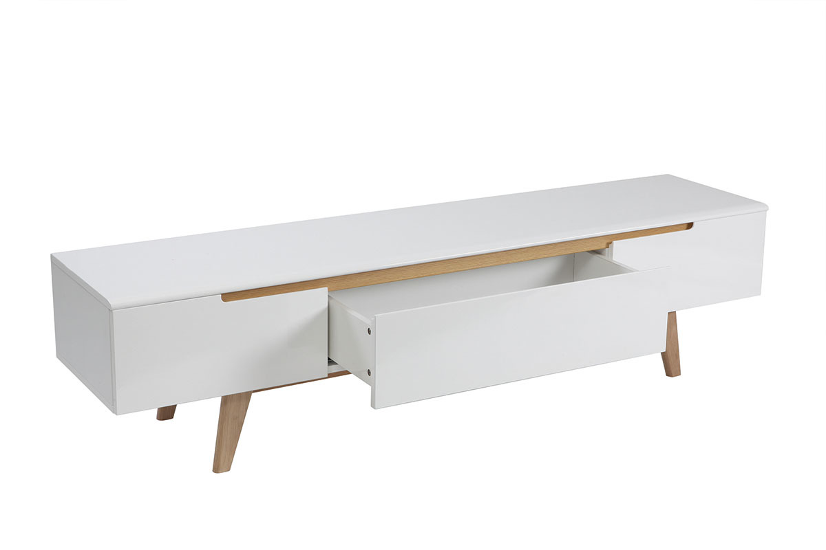 Mueble TV escandinavo blanco brillante y fresno 180cm MELKA