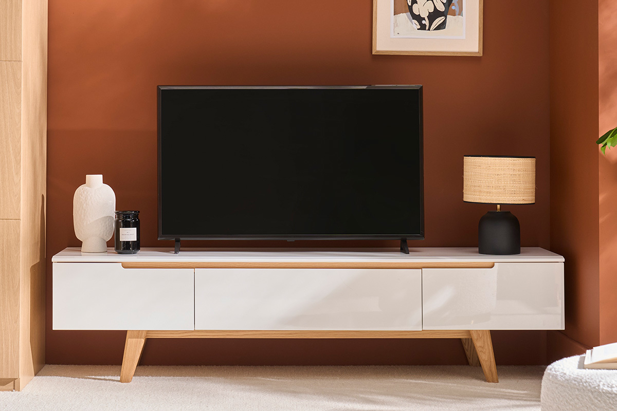 Mueble TV escandinavo blanco brillante y fresno 180cm MELKA