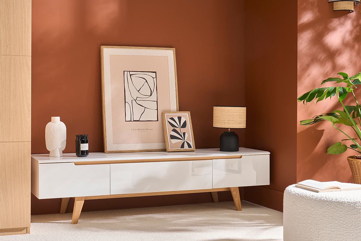 Mueble TV escandinavo blanco brillante y fresno 180cm MELKA