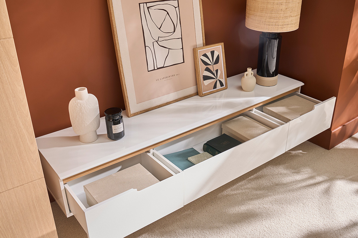 Mueble TV escandinavo blanco brillante y fresno 180cm MELKA
