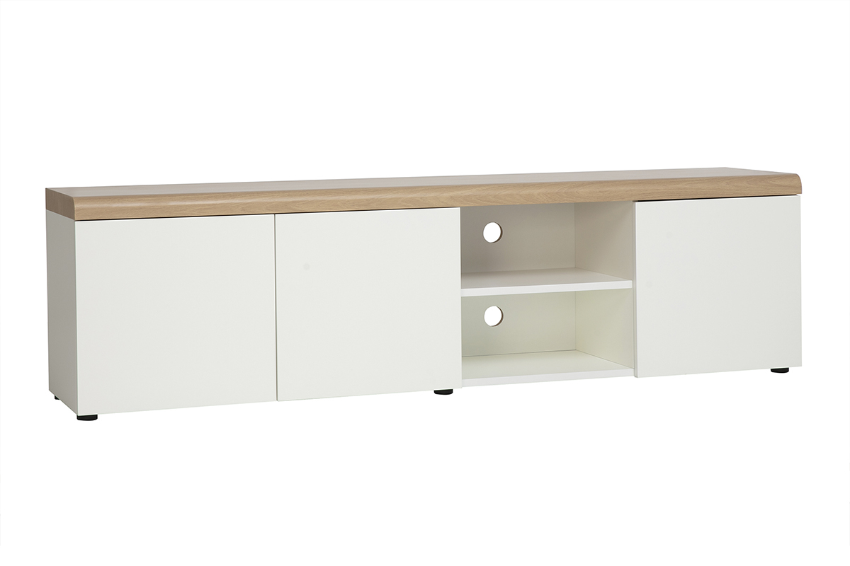 Mueble de TV escandinavo blanco con acabado de madera clara, vista de 3/4, L180 cm, con almacenamiento.