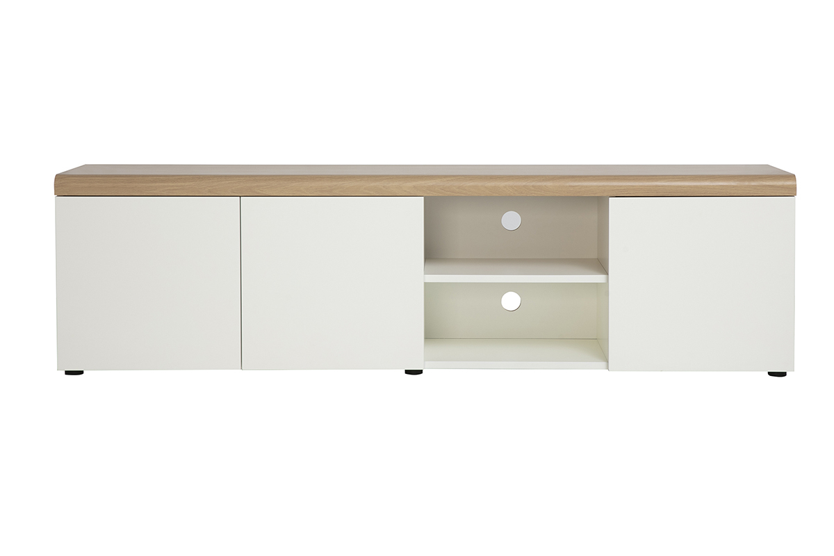 Mueble TV escandinavo blanco con acabado de madera clara, 180 cm, vista frontal.