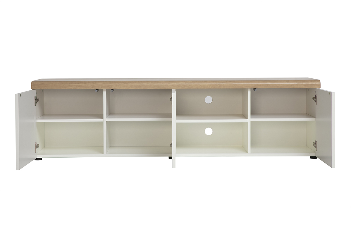 Mueble de TV escandinavo blanco con acabado de madera clara, vista frontal, con compartimentos abiertos y cerrados.