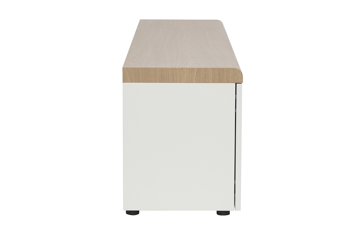 Mueble TV escandinavo blanco con acabado de madera clara, vista de perfil.