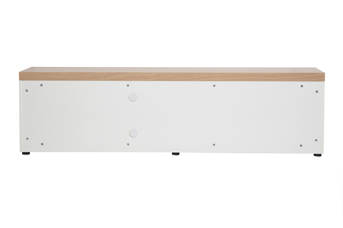 Mueble de TV escandinavo blanco y de madera clara, vista trasera, con tres puertas y un nicho central.