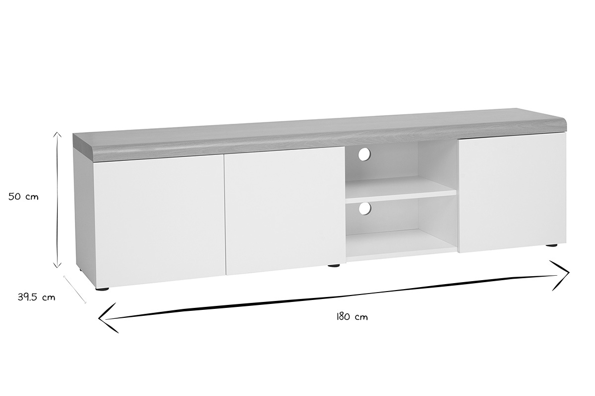 Dimensiones del mueble TV escandinavo LEANA en blanco y negro: L180 cm, H50 cm, P39.5 cm.