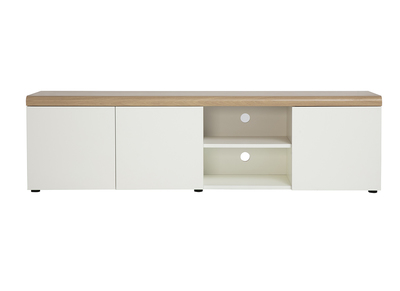 Mueble TV escandinavo blanco con acabado en madera clara y almacenaje L180 cm LEANA