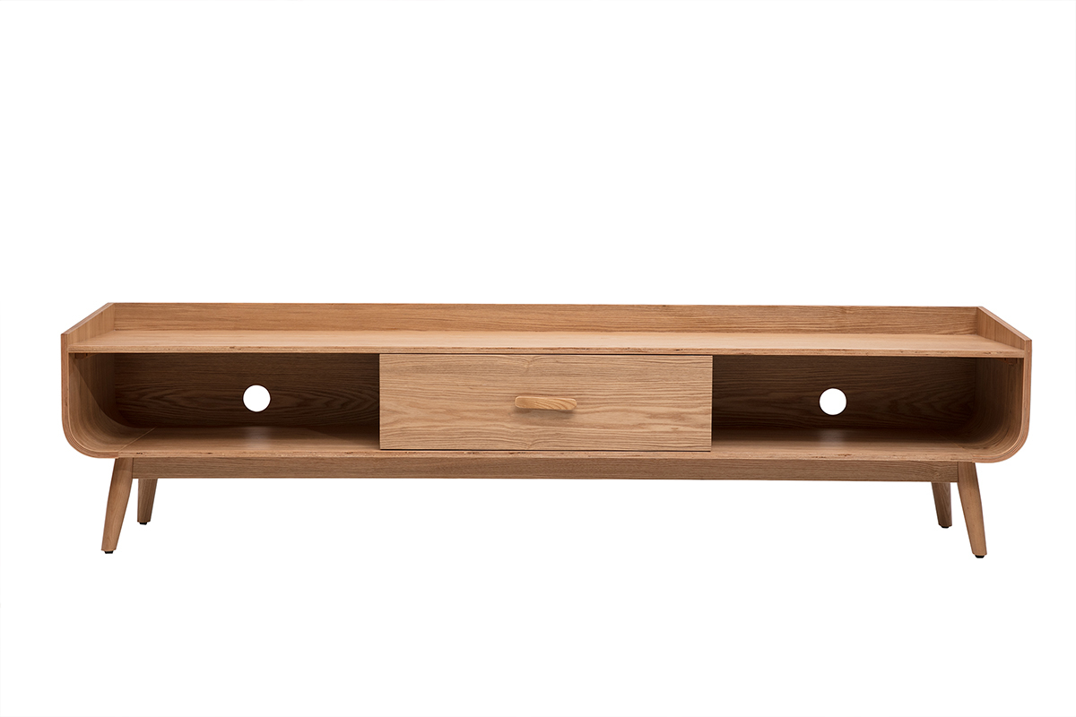 Mueble de TV escandinavo de madera clara de fresno, vista frontal, con caj�n y nichos abiertos.