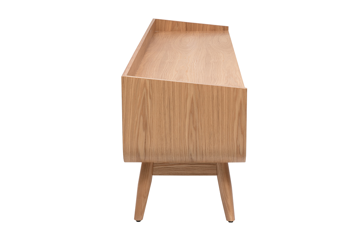 Mueble de TV escandinavo de madera clara, vista de perfil, longitud de 200 cm, con patas c�nicas.