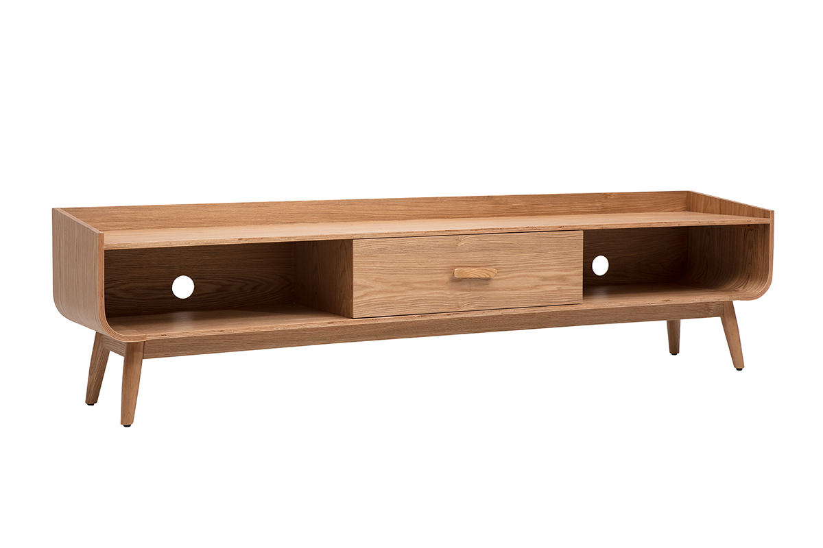Mueble TV escandinavo de madera clara, vista de 3/4, con caj�n central y nichos abiertos.