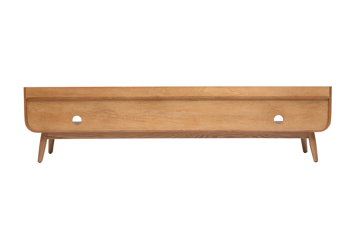 Mueble TV escandinavo de madera clara de fresno L200 cm, vista trasera, con caj�n y nichos abiertos.
