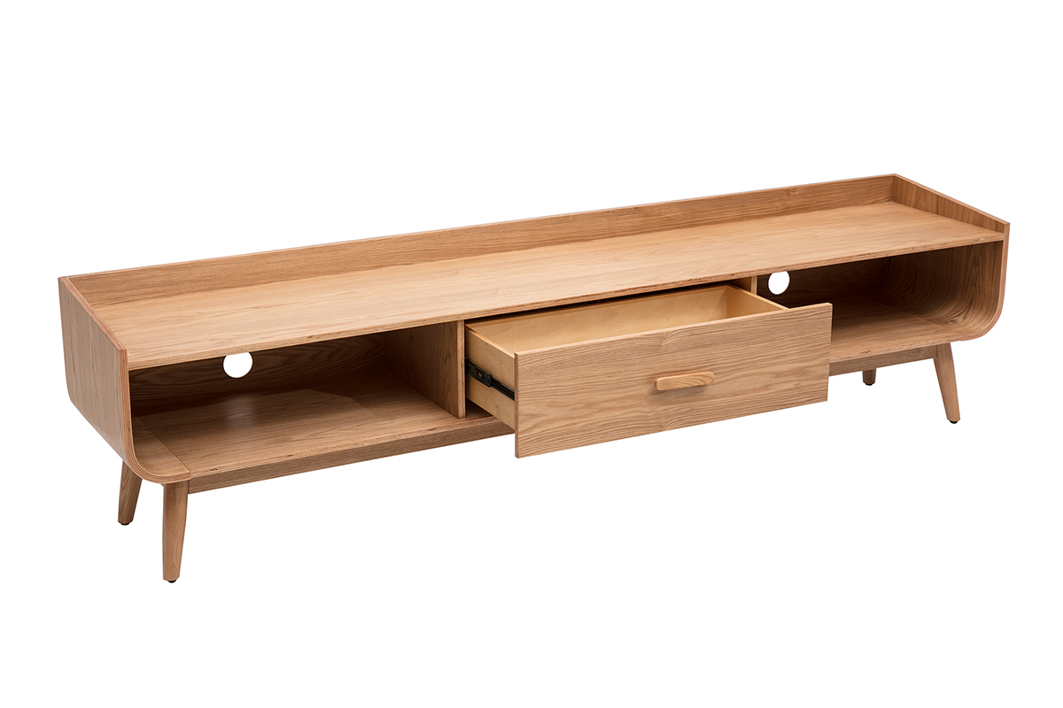 Mueble de TV escandinavo de madera clara con caj�n abierto y nichos laterales, vista de 3/4.
