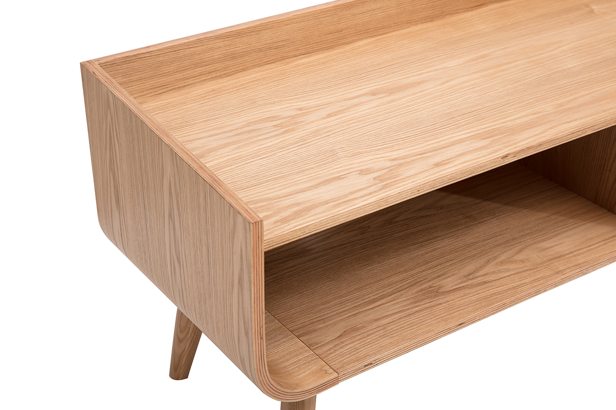 Mueble de TV escandinavo HALLEN en madera clara, vista superior con nichos abiertos y caj�n central.