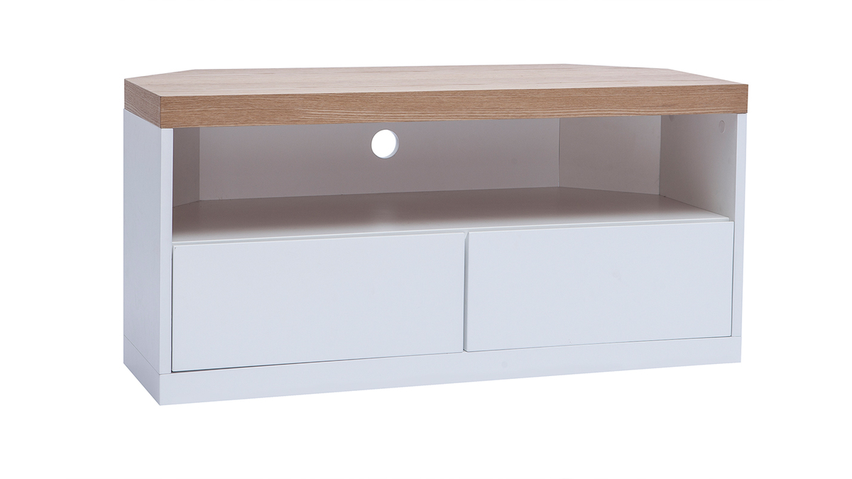 Mueble TV esquinero de contrachapado de madera de fresno y blanco