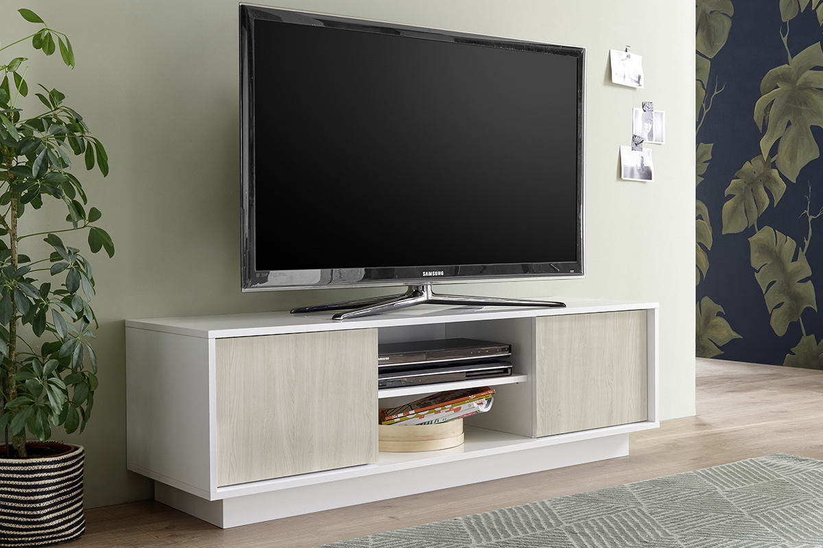 Mueble TV lacado blanco brillante y efecto roble L138 cm HERO