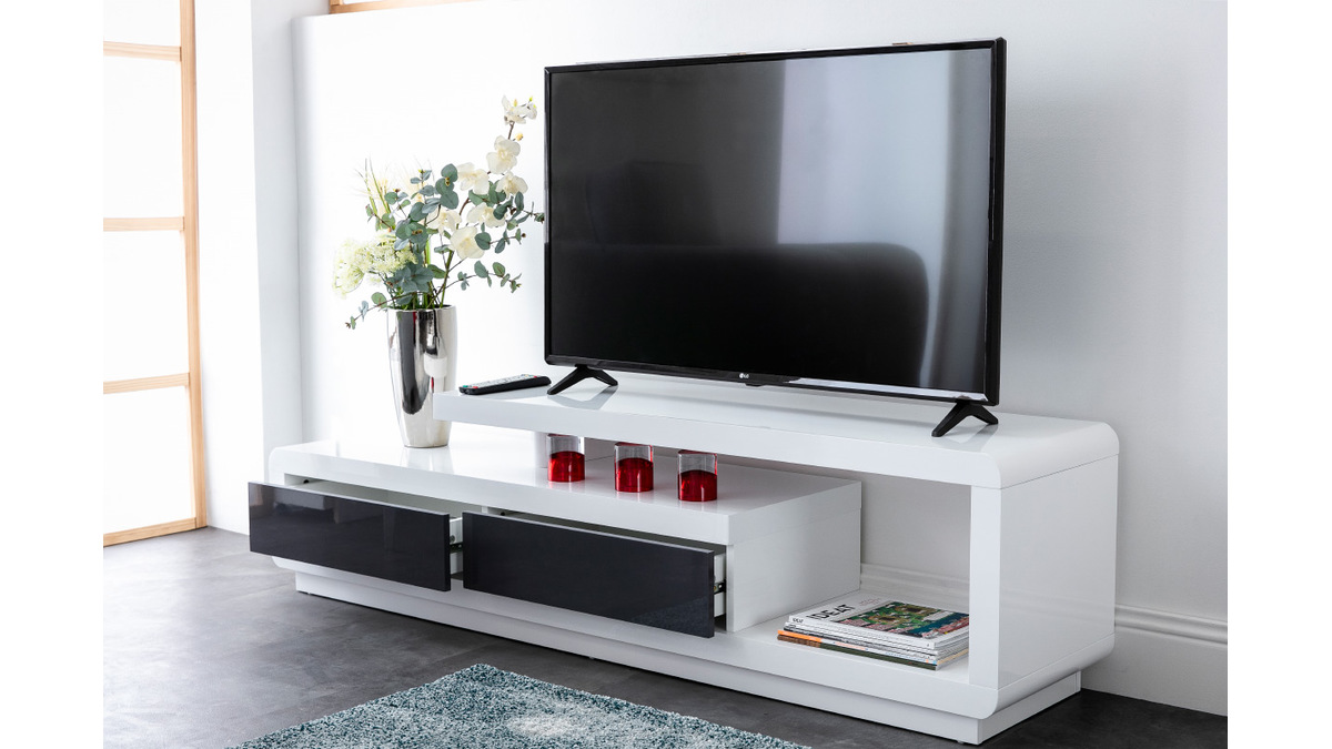 Mueble TV lacado blanco con cajones grises ETANA