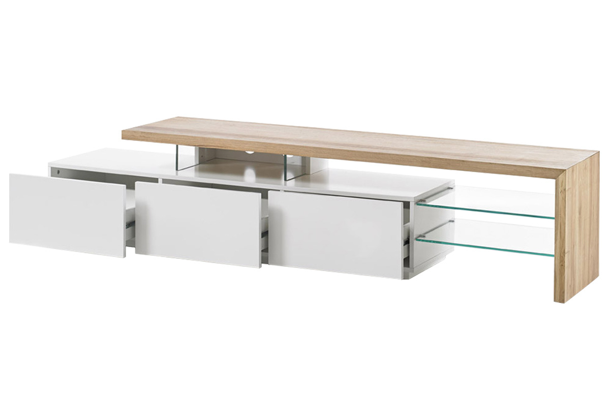 Mueble TV lacado blanco tablero roble 204 cm MEDIA