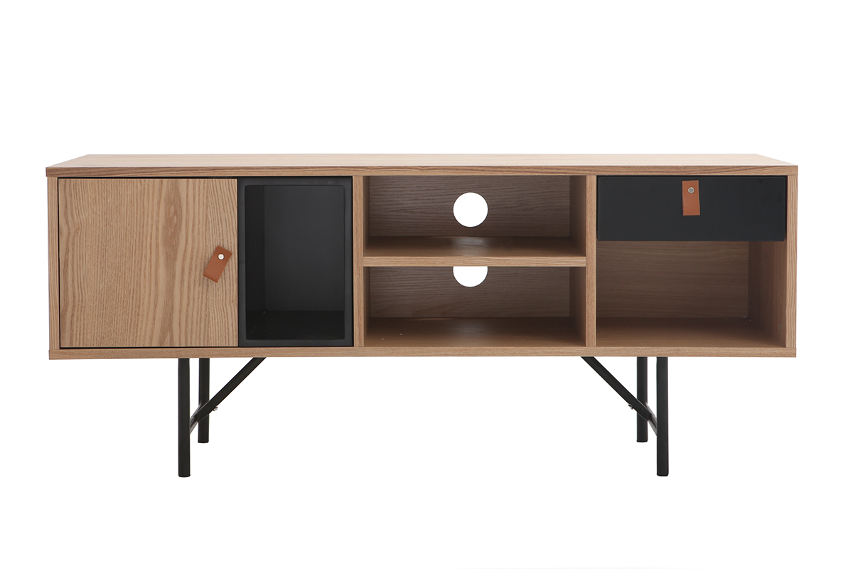 Mueble TV madera roble y negro OFICI
