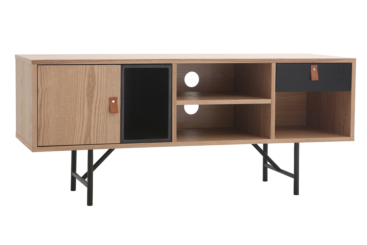 Mueble TV madera roble y negro OFICI