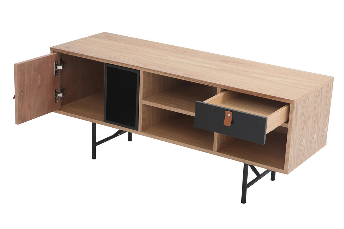 Mueble TV madera roble y negro OFICI