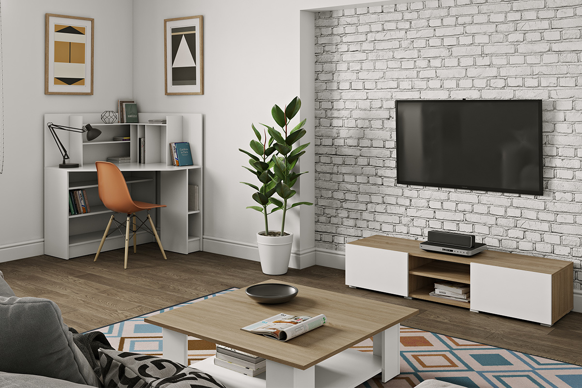 Mueble TV moderno 2 puertas blanco lacado y madera ERRA