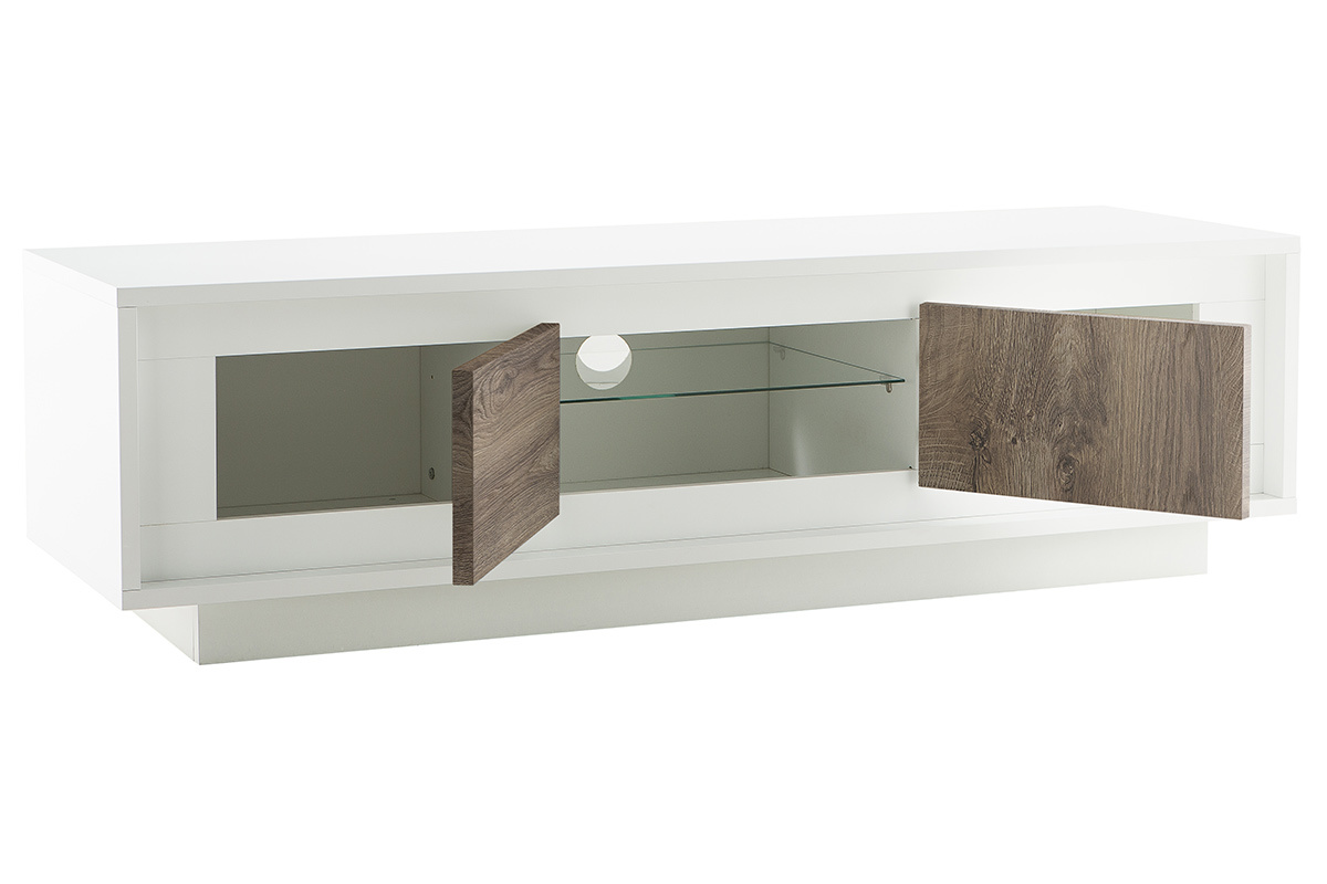 Mueble TV moderno blanco con almacenaje decoracin madera oscura LAND