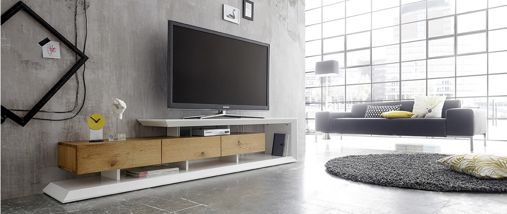 Mueble TV moderno lacado blanco y madera RITUEL