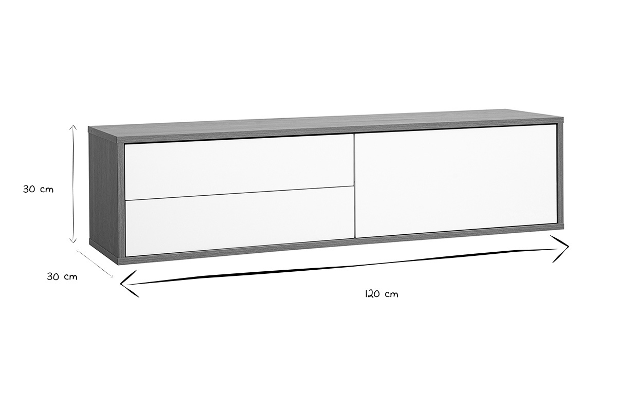 Dimensiones del mueble de TV mural FLEXO: L120 cm, H30 cm, P30 cm en negro y blanco.