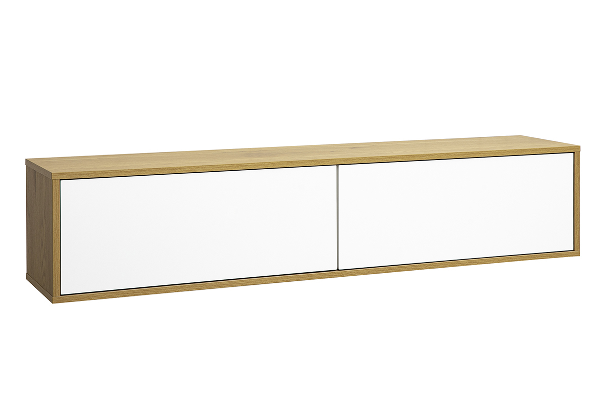 Mueble TV mural FLEXO en acabado blanco y madera de roble, vista de 3/4.