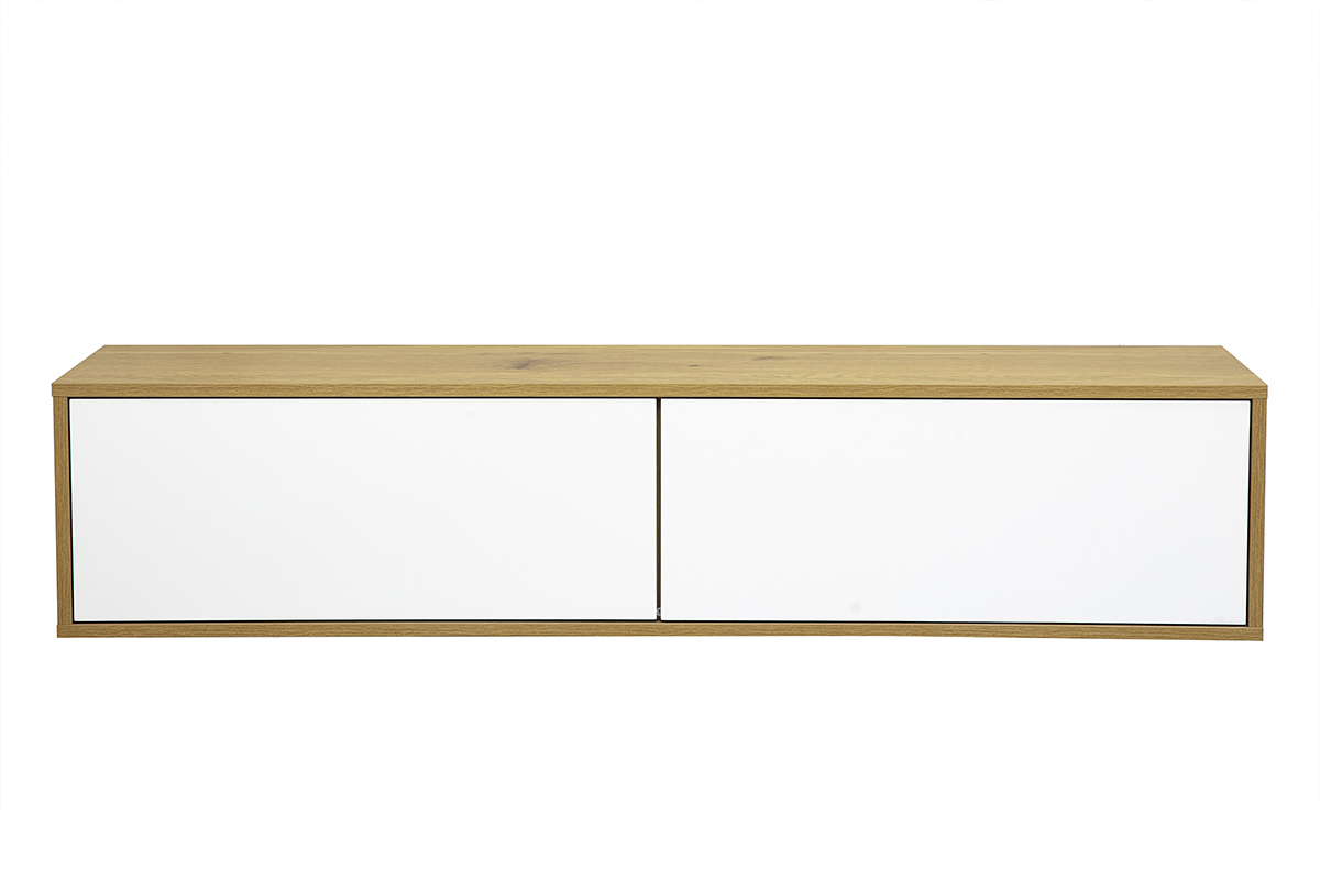 Mueble de TV mural con acabado blanco y madera clara de roble, vista frontal.