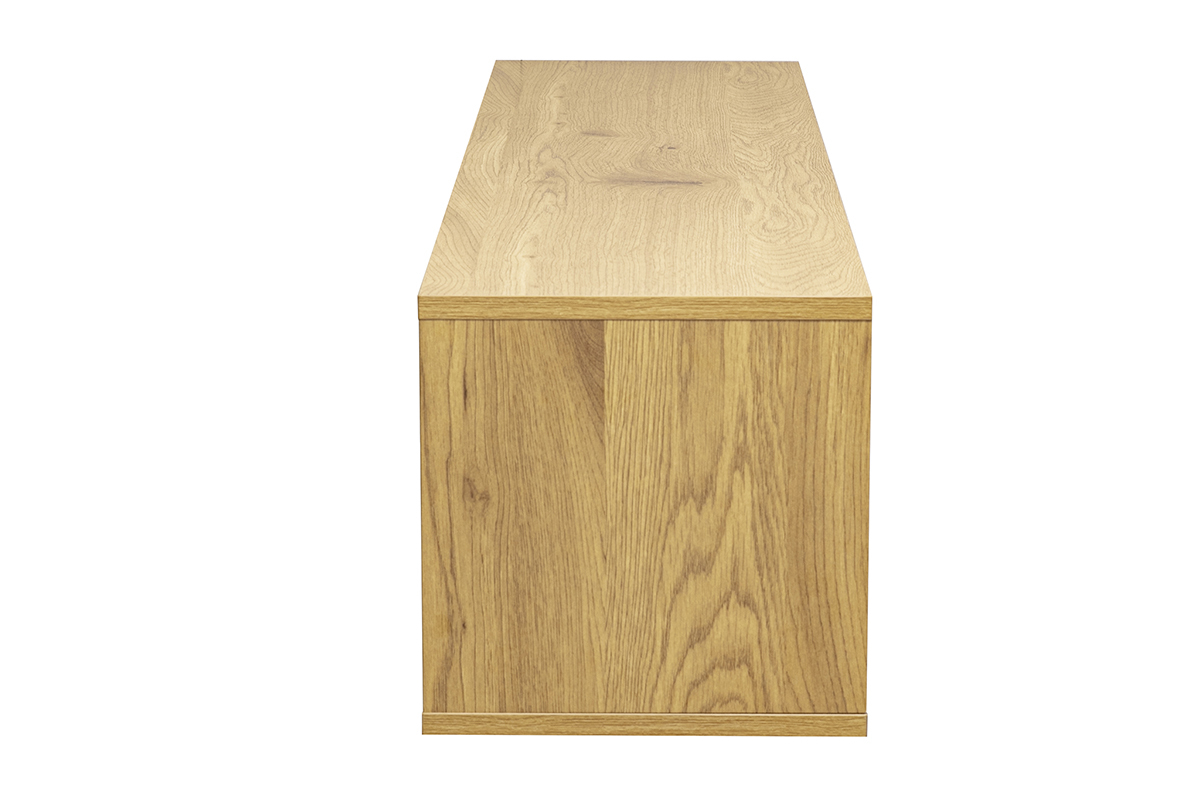 Meuble TV mural en bois clair ch�ne, finition blanca, vue de perfil.